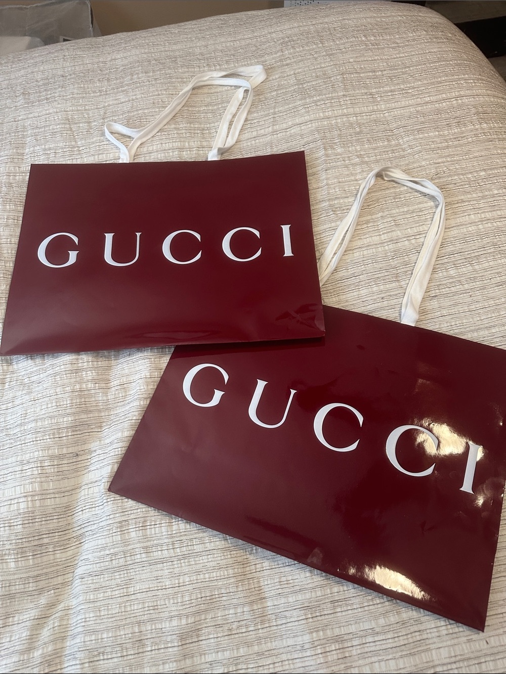 Gucci Burgundy Shopping Bags with White Logo and Handles (Pair)